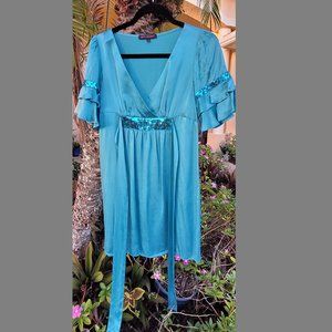 Betsey Johnson Silk Babydoll Tie back mini Dress Kimono ruffle sleeve - Blue